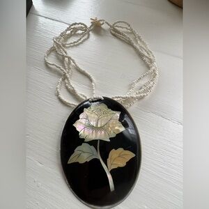 Unique Natural Shell Black and White Rose Pendant Necklace